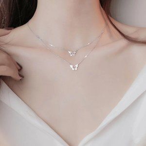 925 Sterling Silver Double Layers Butterfly Neckla